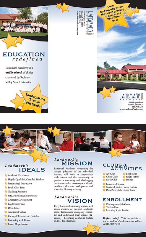 Tri-fold brochure for Landmark Academy