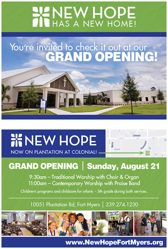 Two-sided postcard for Grand Opening at New Hope Presbyterian Church